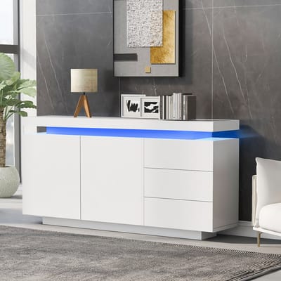 REDOM Luxe Sideboard Wit Hoogglans met RGB LED (140cm) - Modern Dressoir met Zwevend Effect & App-Bediening - 2 Deuren & 3 Lades