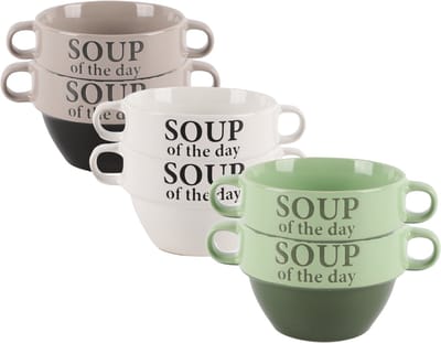 Bellatio Design Soepkommen - 6x - Soup of the day - keramiek - D12 x H8 cm - grijs / wit / groen - Stapelbaar