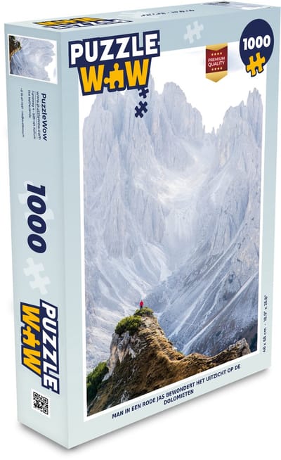 Puzzel Man in een rode jas bewondert het uitzicht op de Dolomieten - Legpuzzel - Puzzel 1000 stukjes volwassenen