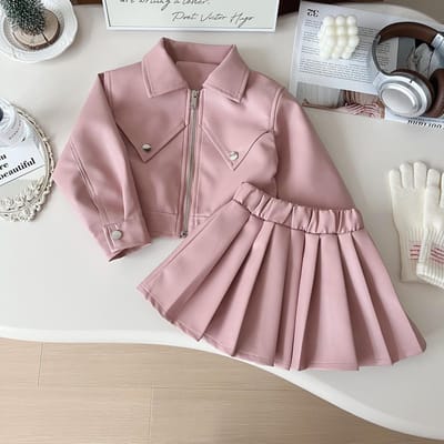 Tweedelige Set voor Meisjes Knappe Revers Effen Leer Top + Effen Leer Geplooide Rok Kinderkleding Meisjes Peuter Meisjeskleding 120cm gray