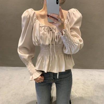 Chemisier vintage à col carré et manches bouffantes pour femme, chemise en mousseline de soie, design plissé, bord à volants, haut slim à manches longues, bureau, décontracté M abricot