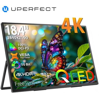 UPERFECT 18,4 inch 4K QLED draagbare monitor met 3840 x 2160 UHD-scherm, geïntegreerde bevestiging, USB-C, Mini-HDMI, voor pc, laptop, mobiele