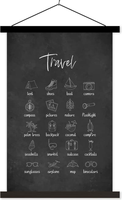 Posterhanger incl. Poster 40x60 cm - Schoolplaat - Spreuken - Quotes - Travel - Tent - Schoenen - Textielposter - Zwarte latten