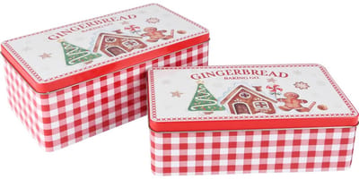 Dekoratief | Set 2 bewaardozen 'Gingerbread', rood/wit, metaal, 24x13x10cm | A255903