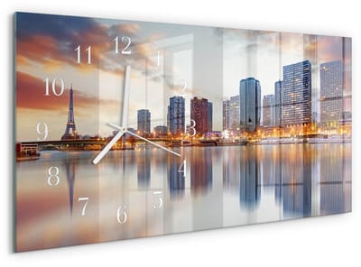 Tulup Wandklok - Parijs in de avond Wandklok Glas Met Motief - 60x30 cm - Oranje Decoratieve Glazen Klok - Witte Handen - Rechthoekige Wandklok - Glazen Klok Met Print - Wandklok Glas Met Motief