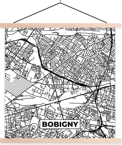 Posterhanger incl. Poster 40x40 cm - Schoolplaat - Stadskaart - Frankrijk - Bobigny - Kaart - Plattegrond - Zwart wit - Textielposter - Blanke latten - Stadskaart