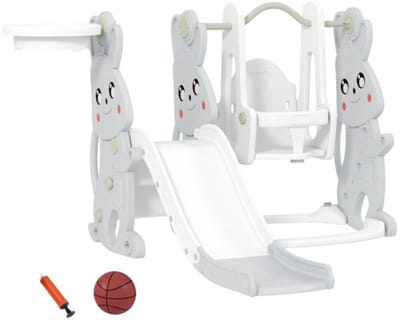 4-in-1 Glijbaan 160x147,5x107cm Kinderglijbaan Grijs Plastic Met Konijnontwerp Met Schommel Klimrek Basketbalnet Kinder Speeltoestel Voor Binnen En Buiten Voor Kinderen