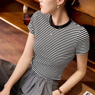 T-shirt rayé pour femme - Nouveau style estival - Haut court à manches courtes - Taille haute - Style contrasté 2XL white