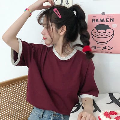 T-shirt à manches courtes pour femme en été Haut de base ample pour femme Hauts décontractés pour couple pour femme Couleurs contrastées Vêtements pour femme coréens One Size gray