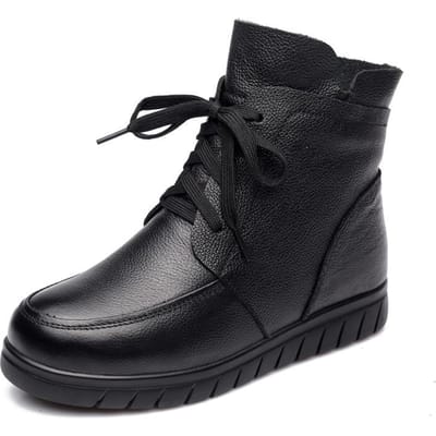 Dames Sneeuwlaarzen Vintage Echt Leer Natuurlijke Wol Bont Winter Warm Enkellaarsjes Voor Dames Platte Moederschoenen wer4 41 zwart