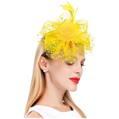 Chapeau bibi avec fleur en maille, fausse perle, plumes, décoration pour fête de thé, pince à cheveux rétro, serre-tête de fête jaune