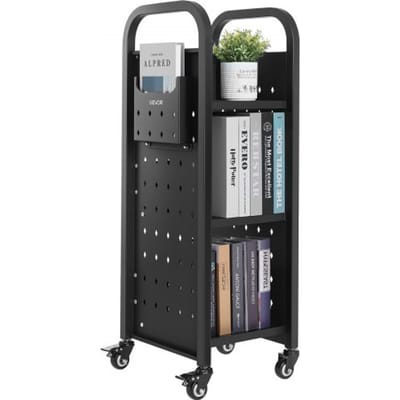 VEVOR Boekenwagen, draagvermogen 100 kg, Bibliotheekwagen, 32 x 35 x 93,5 cm, enkelzijdige L-vormige boekenplank met dubbele remwielen, Boekenplankwagen voor woonkamer, kantoor, school, zwart
