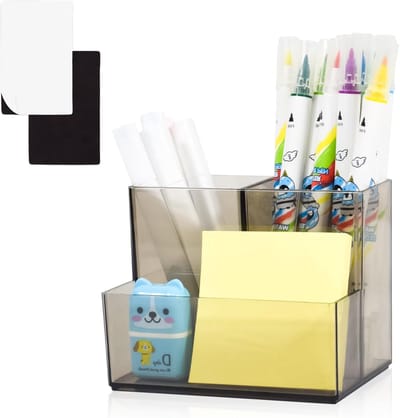 Acryl Pennenhouder en Make-up Borstels Organizer met Magnetische Vierkanten - Desk Organizer met 3 Vakken voor Kantoorbenodigdheden en Creatieve Accessoires in Grijs