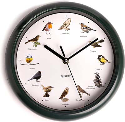 Nexxt Vogelklok met vogelgeluiden - Birdsong Clock met 12 Vogeltonen - Klok met Natuurgeluiden - Ø25 cm - Donkergroen