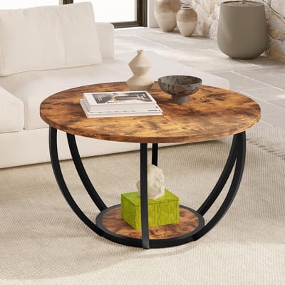 Ronde Salontafel met 2 Lagen Opslag - Houten Accent Tafel voor Woonkamer