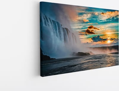 Saammp Canvas Schilderij - Waterval met zonsondergang - Landschap - Natuur - 45x30 - Foto op canvas - Wanddecoratie - Muurdecoratie Woonkamer - Slaapkamer decoratie - Canvas Print