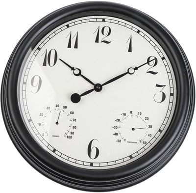 Buitenklok met thermometer - Weerstation klok - Terras decoratie - Waterdicht stil ontwerp - 40 cm diameter - Zwart