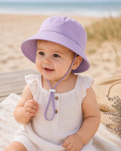 Paars Zonnehoedje Baby & Dreumes – Meisjes UV Bucket Hat met Koord – Lila Babyhoedje – Labelmaat 50, Valt als 48 (6-18 Maanden)