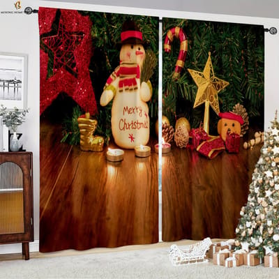 Kerstgordijnen Kerstman Sneeuwvlok Bal 3d Gordijnen Slaapkamer Restaurant Nieuwjaar Vakantiefeest Decoratie Gordijnen 2 Stuks W50xH130(CM)x2PCS&Rod pocket brown