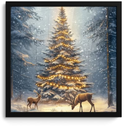 Poster in lijst - Fotolijst 40x40 cm - Posters - Kerstlicht - Woud - Hert - Donker - Posterlijst zwart - Decoratie - Wanddecoratie woonkamer - Muurdecoratie slaapkamer - Kerstversiering - Kerstdecoratie voor binnen - Kerstmis