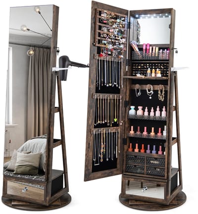 COSTWAY Sieradenkast 360° draaibaar, spiegelkast met full-body spiegel, led-lampen & lade & haardrogerhouder, sieradenrek afsluitbaar, staande spiegel voor sieraden