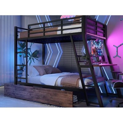 ModernLuxe Stapelbed 90x200 cm - met LED-verlichting - met 2 lades - met oprit + ladder - met bureau - zwart