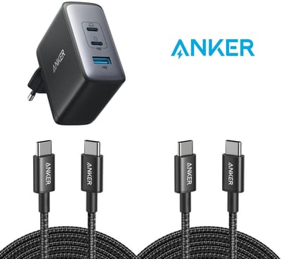 Anker 736 Nano II 100W USB-C Oplader - 3-Poorts GaN II Technologie - PowerIQ 3.0 + 2 pack USB-C to USB-C Cable 1.8m 100W, USB 2.0 Type C Charging Cable Fast Charge - bundelvoordeel