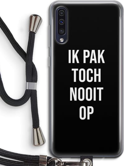 Case Company® - Hoesje met koord geschikt voor Samsung Galaxy A50 hoesje met Koord - Ik pak nooit op - Zwart - Telefoonhoesje met Zwart Koord - Bescherming aan alle Kanten en Over de Schermrand