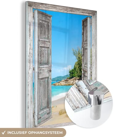 MuchoWow® Glasschilderij 30x40 cm - Schilderij acrylglas - Strand - Doorkijk - zomer - Tropisch - Foto op glas - Schilderijen