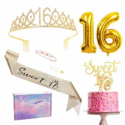 Dailygoods - Gouden 16e verjaardagsdecoraties voor meisje - Sjerp, tiaraset, kroon, taarttopper, nummer 16 folieballonnen, kaarsen - feestbenodigdheden en cadeaus
