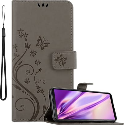 Cadorabo Hoesje geschikt voor Sony Xperia 10 III in BLOEMEN GRIJS - Beschermhoes in bloemmotief met magnetische sluiting, standfunctie en kaartsleuven Book Case Cover Etui