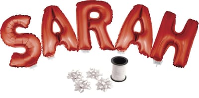 Folie ballonset rood met letters SARAH 41 cm + geschenklint 10m met 4 witte strikken