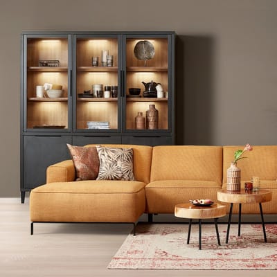 Vitrinekast Zwanenburg - Lamulux - Zwart/Teak - 190x212x48 cm (BxHxD) - 6 Draaideuren - 4 Laden - Inclusief Kastverlichting