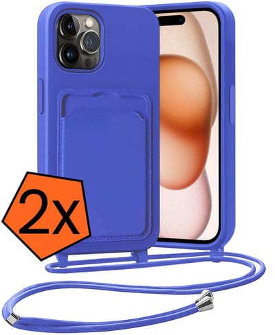 Hoesje Geschikt voor iPhone 14 Pro Hoesje Met Telefoonketting Pasjeshouder Case Koord - Hoesje Geschikt voor iPhone 14 Pro Hoes Met Kaarthouder - Felblauw - 2 PACK