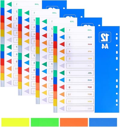 Set van 4 A4 indexscheidingsbladen, multifunctionele en extra brede mappenindicators met nummers 1-12, ideaal voor organisatie en archivering
