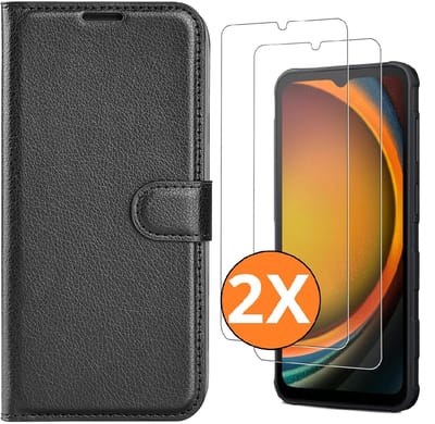 Hoesje geschikt voor Samsung Galaxy Xcover 7 Pro hoesje Zwart pasjeshouder telefoon hoes - Met screenprotector tempered glass voor Galaxy Xcover 7 Pro - 2x