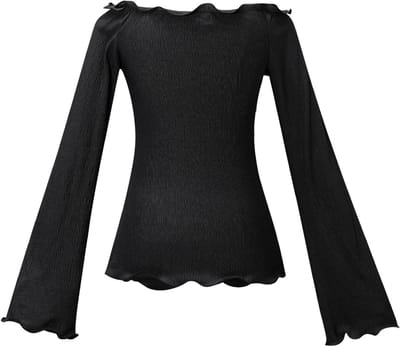 Fijngebreide Top met Golvend Patroon – Elegante Dames Longsleeve met Ronde Hals – Modieuze Getextureerde Stretchtop met Golvende Structuur - Zwart - S
