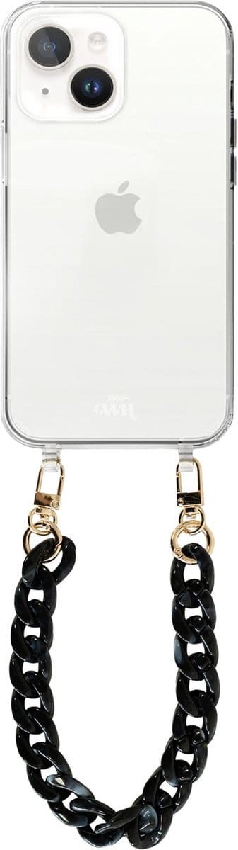 xoxo Wildhearts silicone case met koord - Transparant telefoonhoesje met koord - telefoonketting - Marble Black - Kort koord - Cord Case - geschikt voor Apple iPhone 15 Plus hoesje - Ketting met marmere look - marmer - zwart