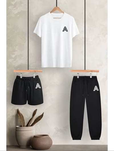 Trendy Wit T-Shirt met Zwarte Sportieve Shorts en Joggers - Comfortabele Modieuze Set voor Vrije Tijd en Sport - L-XL