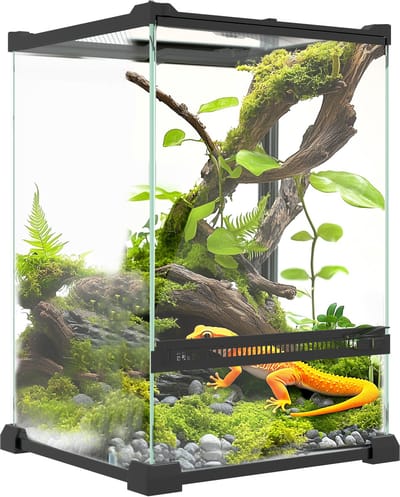 Glazen terrarium voor reptielen - vivarium 12 L met deksel van metaalgaas - 20 x 20 x 30 cm - zwart