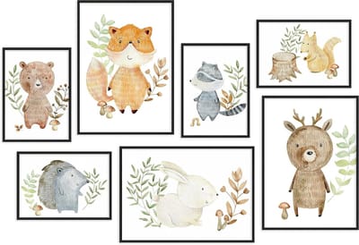 Hyggelig Home Posterset - 7 passende afbeeldingen in een stijlvol set - Collage Deko - Set Aquarel Dieren - met zwart lijst