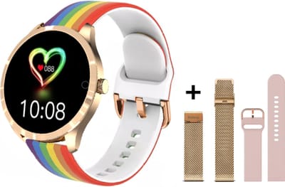 Belesy® BQSiRgRb PLUS - Smartwatch Dames – Smartwatch Heren - Horloge - 1.28 inch - Kleurenscherm - Stappenteller - Bloeddruk - Hartslag - 75+ Wijzerplaten – Sporten – Rose Goud - Milanees staal - Siliconen – Regenboog - Roze - Kerstcadeau
