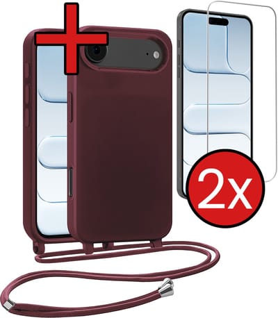 Hoesje Geschikt voor iPhone Air Hoesje Siliconen Case Met Koord Met 2x Screenprotector - Hoes Geschikt voor iPhone Air Hoesje Backcover Met Telefoonkoord - Aubergine