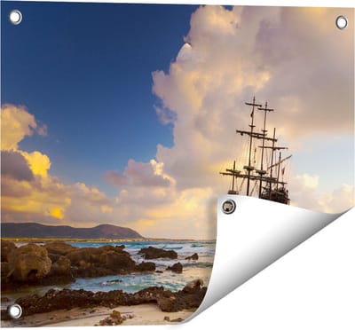 Gards Tuinposter Piratenschip aan de Kust bij Zonsondergang - 50x40 cm - Tuindoek - Tuindecoratie - Wanddecoratie buiten - Tuinschilderij