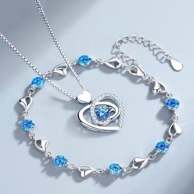 925 Sterling Zilver Hartvormige Ketting Armband Set voor Vrouwen Vintage Koreaanse Blauwe Kristallen Armbanden Sieradenset Feestsieraden gray