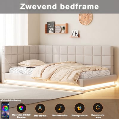 VVBV Slaapbank 90x200 cm met USB & Stopcontact, Lattenbodem - LED-Verlichting - Linnen Beige