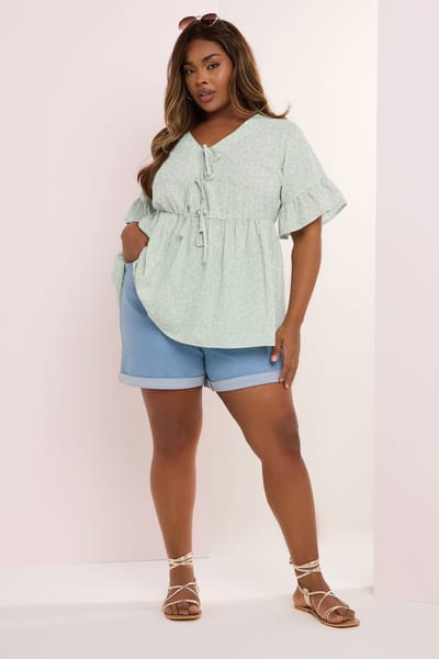Yours Peplum Top Met Bloemenmotief En Strikjesdetail In Saliegroen Size 42