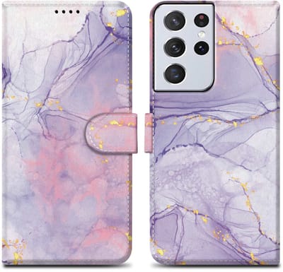 Cadorabo Hoesje geschikt voor Samsung Galaxy S21 ULTRA - Design Roze Paars Marmer No. 5 - Beschermhoes Case Cover met magnetische sluiting, standaardfunctie en kaartvakje