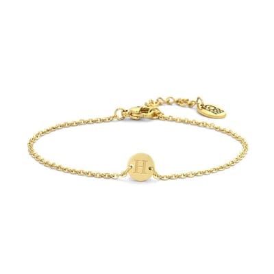 Cadeau voor haar CO88 Collection Alphabet 8CB-90622 Stalen schakel armband - 1,5 mm - bedel rond met letter H - 7mm - 19,5 cm - goudkleurig