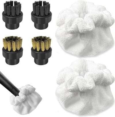 Set van 6 accessoires voor stoomreinigers, ronde borstels, zwarte koperen borstel, stofhoes voor driehoekige borstel en microvezeldoeken voor optimale reiniging